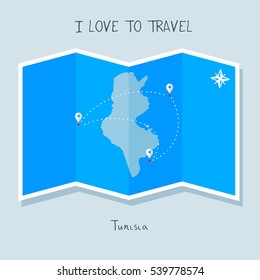 A blue shade Map with map pin of the Tunisia . Sketch Country map for infographics, brochures and presentations. vector sky blue map illustration