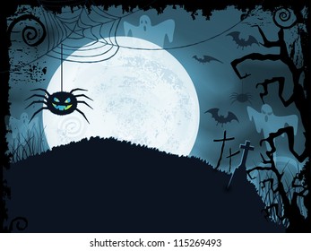 Blauer, schattiger Halloween-Hintergrund mit erschreckender Spinne, Vollmond, Fledermäusen, Geistern, Kreuzen und Grunge-Elementen.