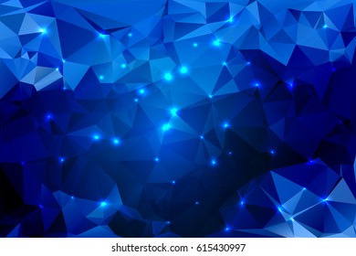 Blue shades abstract low poly geometric background with defocused lights