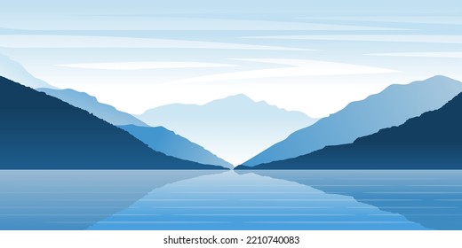 Blue shades of lake and mountains and landscape nature background vector art