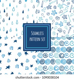 Blue shades seamless pattern collection. Hand drawn vector doodle backgrounds set.