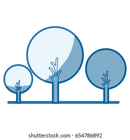 blue shading silhouette of abstract trees set with foliage in round shape vector illustration