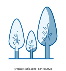 blue shading silhouette of abstract trees set with foliage in shape oval vector illustration