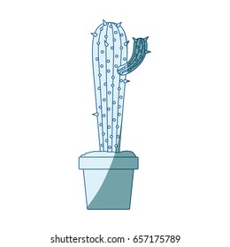 blue shading silhouette with cactus with small branch in pot vector illustration