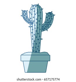 blue shading silhouette with cactus with two branches on top in pot vector illustration