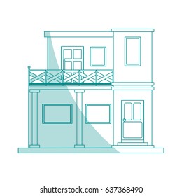 blue shading silhouette cartoon facade modern house style with two floor and balcony