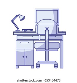 blue shading silhouette of desk home with chair and lamp and desktop computer vector illustration