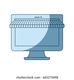 blue shading silhouette of desktop computer online store vector illustration