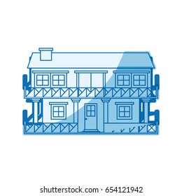 blue shading silhouette facade house of two floors with balcony and chimney vector illustration