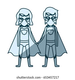 blue shading silhouette of faceless couple of superheroes united of the hands and her with short hair vector illustration