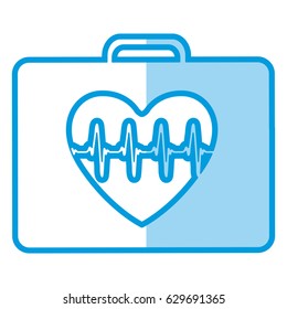 blue shading silhouette firts aid kit with symbol line of vital sign in heart vector illustration