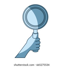 blue shading silhouette of hand holding magnifying glass vector illustration