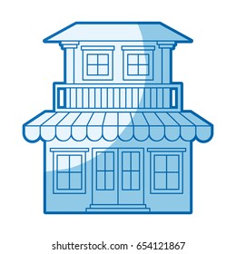 blue shading silhouette of house with two floors with balcony and awning vector illustration