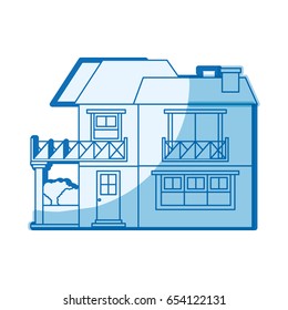 blue shading silhouette of house with two floors with balcony and chimney vector illustration