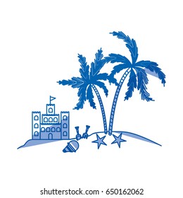 blue shading silhouette of island with sand castle and toy bucket vector illustration