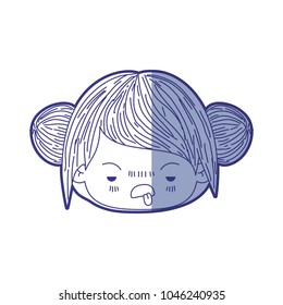 blue shading silhouette of kawaii head little girl with collected hair and facial expression unsavory