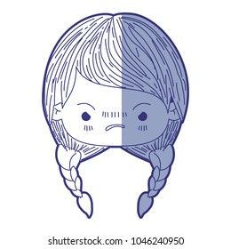 blue shading silhouette of kawaii head little girl with braided hair and facial expression angry