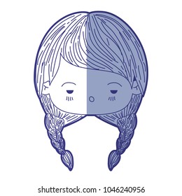 blue shading silhouette of kawaii head little girl with braided hair and facial expression depressed