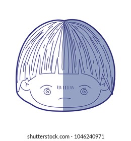 blue shading silhouette of kawaii head of little boy with facial expression bored