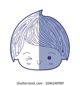 blue shading silhouette of kawaii head of little boy winking eye