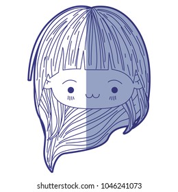 blue shading silhouette of kawaii head little girl with long hair and facial expression exhausted