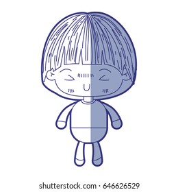 blue shading silhouette of kawaii little boy with mushroom hairstyle and facial expression furious vector illustration