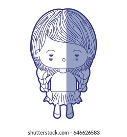 blue shading silhouette of kawaii little girl with braided hair and facial expression depressed vector illustration