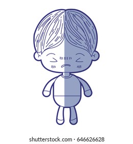 blue shading silhouette of kawaii little boy with facial expression angry with closed eyes vector illustration