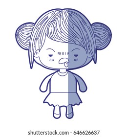 blue shading silhouette of kawaii little girl with collected hair and facial expression unsavory vector illustration
