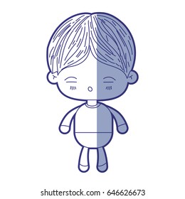 blue shading silhouette of kawaii little boy with facial expression of tired vector illustration