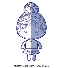 blue shading silhouette of kawaii little girl with collected hair and facial expression sad vector illustration