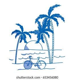 blue shading silhouette of landscape of sea and sunset between palm trees vector illustration