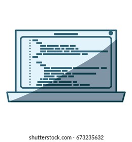 blue shading silhouette of laptop computer with screen programming window with script code vector illustration