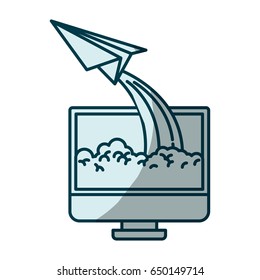 blue shading silhouette of lcd monitor and paper plane vector illustration