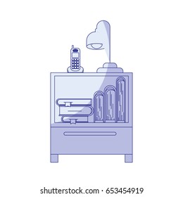blue shading silhouette of nightstand with cordless phone and lamp and books stacking vector illustration