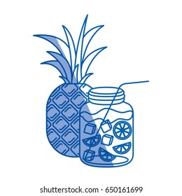 blue shading silhouette of pineapple fruit and bottle with citrus drink vector illustration