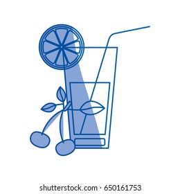 blue shading silhouette of refreshing drink with lemon slice and cherries vector illustration