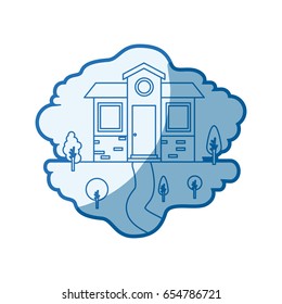 blue shading silhouette scene of natural landscape and small house facade vector illustration