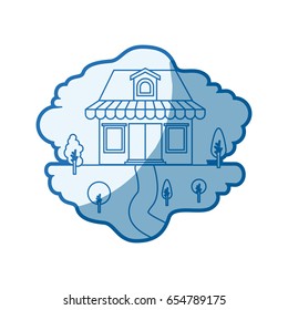 blue shading silhouette scene of natural landscape and store with awning and attic vector illustration