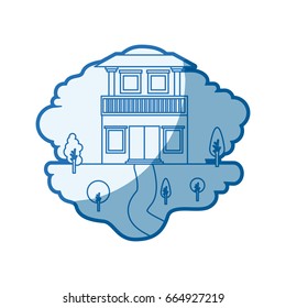 blue shading silhouette scene of natural landscape and house with two floors and balcony vector illustration