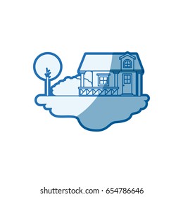 blue shading silhouette scene of outdoor landscape and facade house with railing and attic vector illustration