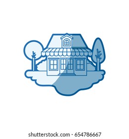 blue shading silhouette scene of outdoor landscape and store with awning and attic vector illustration