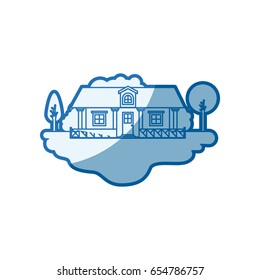 blue shading silhouette scene of outdoor landscape and country house with railing vector illustration