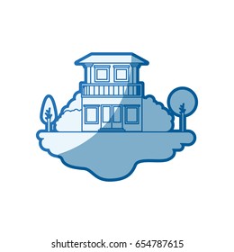 blue shading silhouette scene of outdoor landscape and house with two floors and balcony vector illustration