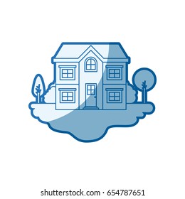 blue shading silhouette scene of outdoor landscape and facade house of two floors vector illustration
