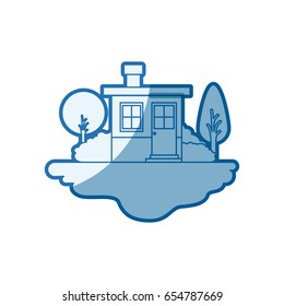 blue shading silhouette scene of outdoor landscape and small house with chimney vector illustration