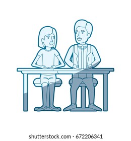 blue shading silhouette of teamwork of woman and man sitting in desk and her with short hair and him in formal suit vector illustration