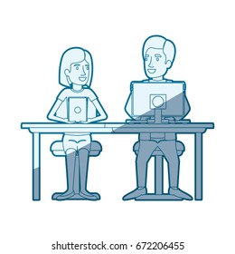 blue shading silhouette of teamwork of woman and man sitting in desk with tech devices and her with short hair and him in formal suit vector illustration