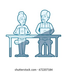 blue shading silhouette of teamwork of woman and man sitting in desk with tech devices and her with collected hair and him in casual clothes with van dyke beard vector illustration