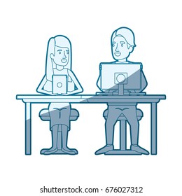 blue shading silhouette of teamwork of woman and man sitting in desk with tech devices and her with long hair and straight and him in casual clothes vector illustration